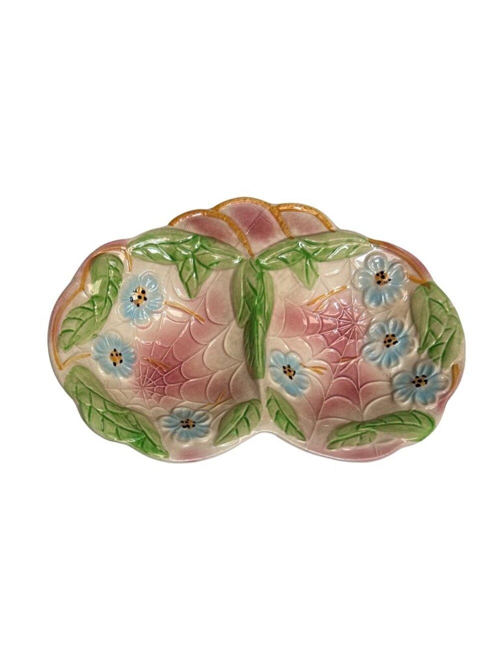 Vintage Avon Ware England Hand-Painted Ceramic Double Dish With Floral Spiderweb